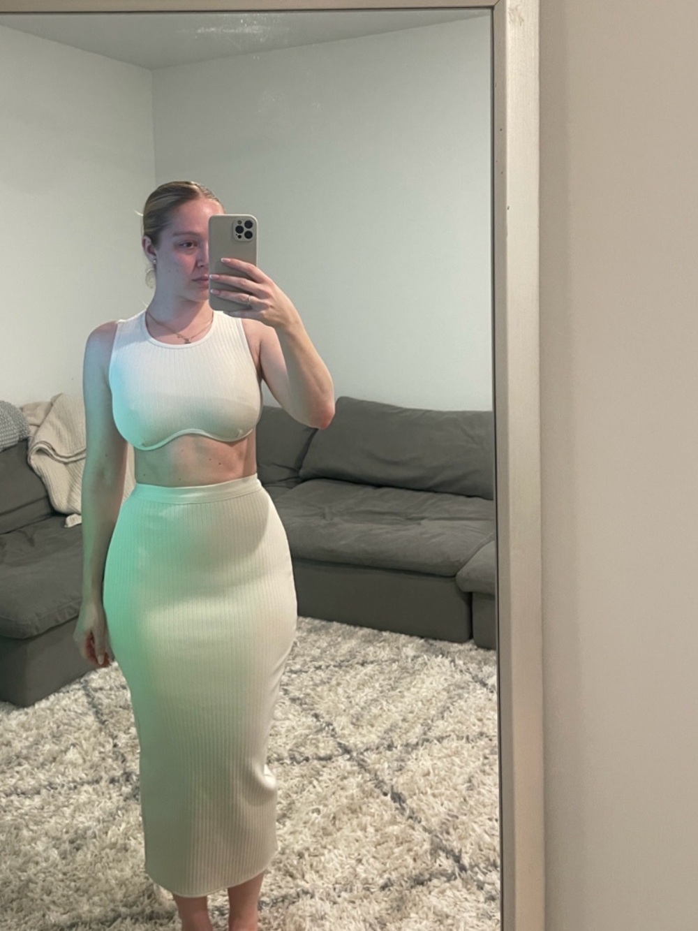 Ribbed Two-Piece Crop Top & Midi Skirt Set - Cream